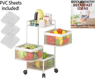 THEOLDPAPA Assembled Fruits & Vegetable Organizer Stand with Wheels Rotating Storage Basket Iron Kitchen Trolley