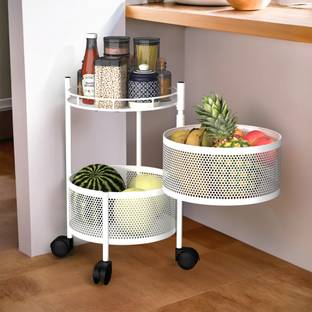 KUBER INDUSTRIES 2-Tier Rotating Multipurpose Storage Rack Trolley with Wheels | White Iron Kitchen Trolley