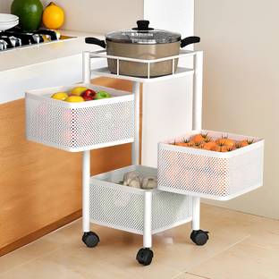 कुबेर इंडस्ट्रीज़ 3-Tier Revolving Multipurpose Storage Rack with Wheels | White लोहा रसोई ट्रॉली