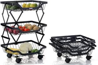 FORMONIX 3 Tier Multipurpose Kitchen Trolley/Rack For Vegetable and Fruit Carbon Steel Kitchen Trolley