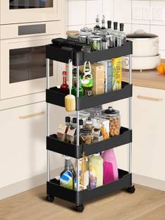 FLOWINZZA Plastic Storage Trolley Rolling Cart Movable Storage Organizer With Wheels Plastic Kitchen Trolley