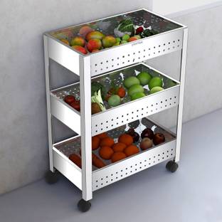 Plantex Stainless Steel 3-Tier Vegetable Basket for Kitchen/Onion Garlic Stand/Vegetable Storage Stand-Trolley for Kitchen(Round Profile-Silver) Stainless Steel Kitchen Trolley