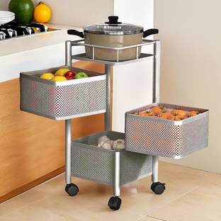 कुबेर इंडस्ट्रीज़ 3-Tier Revolving Multipurpose Storage Rack with Wheels | Silver रसोई रैक