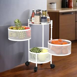KUBER INDUSTRIES 3-Tier Rotating Multipurpose Storage Rack Trolley with Wheels | White Iron Fruit & Vegetable Basket
