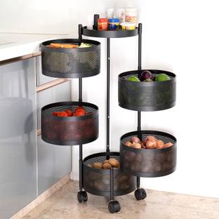 VR 5 Layer Kitchen Trolley Storage Rack Round Design Fruits & Vegetable Basket Iron Kitchen Trolley