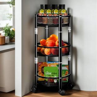 iBELL TR3530AM Foldable Kitchen Rack with Wheels, 3-layer Portable Storage Organiser, Carbon Steel Kitchen Trolley