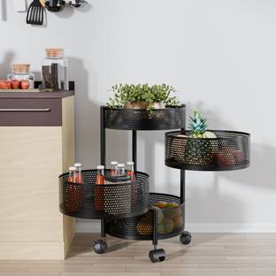 KUBER INDUSTRIES 3+1 Layer Kitchen Metal Storage Rack with Wheels | Round Shape - Black Iron Kitchen Trolley