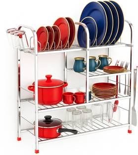 MAGS Stainless Steel 4 Shelf Wall Mount Kitchen Utensils Rack | Dish Rack with Plate & Cutlery Stand | Modular Kitchen Storage Rack Stainless Steel Kitchen Trolley