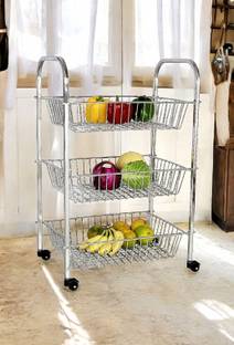 Amol Premium Stainless steel 3 Step Fruit / Vegetable Rack / Onion / Potato / Basket / Wheel / Kitchen Organizer Trolley Stainless Steel Kitchen Trolley