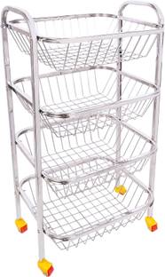 DHSVS Stainless Steel Square Fruit & Vegetable Basket Trolley 360 Rotational Wheels Stainless Steel Kitchen Trolley