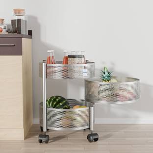 HOMESTIC 2+1 Layer Kitchen Metal Storage Rack with Wheels | Round Shape - Silver Iron Kitchen Trolley
