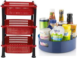DM PLUS Combo Set 360° Rotating Tray & Big Basket Kitchen Rack Pack of 2 Plastic Kitchen Trolley