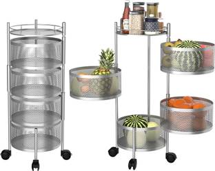 KUBER INDUSTRIES Fruits/Vegetables Kitchen Rack Iron Pack of 2 Rotating 4-Tier Multipurpose Storage Rack Trolley with Wheels | Silver