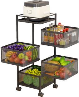 Sasimo Kitchen Rack 4 Tier Square Rotating Stand, Basket Organizer, Portable Storage, Carbon Steel, Stainless Steel Kitchen Trolley