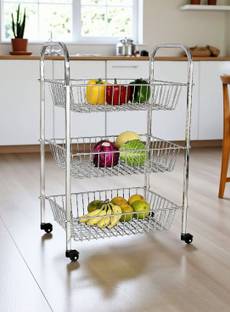 Amol Premium Stainless steel 3 Step Fruit / Vegetable Rack / Onion / Potato / Basket / Wheel / Kitchen Organizer Trolley Stainless Steel Kitchen Trolley