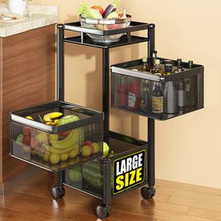 iBELL KT365 Kitchen Rack Rotating Stand,Basket Organizer, 3Tier Portable Storage Tray, Carbon Steel Kitchen Trolley