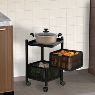 HOMESTIC 2-Layer Revolving Multipurpose Storage Rack with Wheels | Black Iron Kitchen Trolley