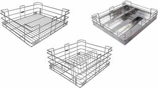 Easyhome Furnish Steel Gold (Set of 3 pcs )Stainless Modular Kitchen Basket, 19 W X 20 D inches Steel Kitchen Trolley