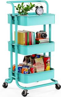 Iktu 3 Tier Utility Cart Plastic Tray Organizer Trolley with Handle Lockable Wheels Aluminium Kitchen Trolley