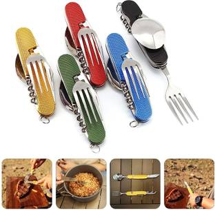 Toxen 4 in 1 Multi-Tool Camping Stainless Steel Folding Pocket Knife Fork Spoon Stainless Steel Dessert Spoon