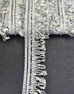 Mezin (Silver) RIMZIM Sequence Tassel Lace Bridal Dupatta Lehenga, Saree Border (Silver-9 Mtr) Lace Reel