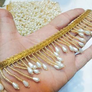 DIARA Antic cream pearl moti heavy tussel hanging zig-zag lace for Dresses, Lehenga, Saree, Border Material, Dupatta, Gowns Designing, Craft & Art Decoration. 3 meter Pearl Lace hanging Lace Reel