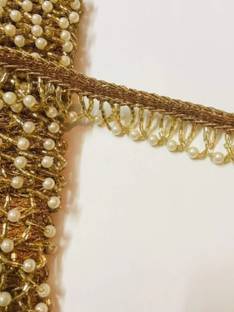 Avyalik Golden Pearl and Beads lace 8.5 Meter For Dress, Craft, Home Decor Golden Pear Golden Pearl and Beads lace 8.5 Meter For Dress, Craft, Home Decor Golden Pearl Lace Reel