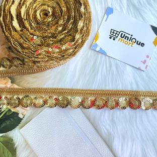 uniquemart Fancy Round Shiny Mirror Golden Border Lace for Fancy Dresses Golden Lace, Golden Lace Border, Blouse Lace Golden, Golden Laces (Golden/9Mtr) Lace Reel