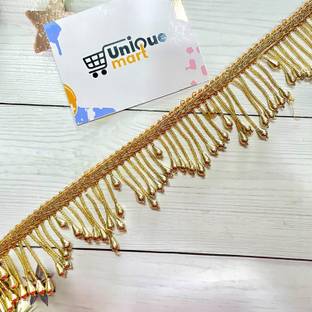 uniquemart Fancy Cutdana Moti Work Pipe Border Lace for Lehenga, Blouse, Frowk, Gown Latkan Lace For Blouse, Saree, Dupatta, Lehenga (Golden/4Mtr) Lace Reel