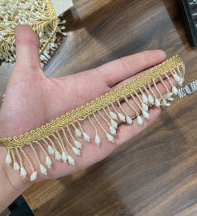 DIARA Antic cream pearl moti heavy tussel hanging zig-zag lace for Dresses, Lehenga, Saree, Border Material, Dupatta, Gowns Designing, Craft & Art Decoration. 3 meter Pearl Lace hanging Lace Reel