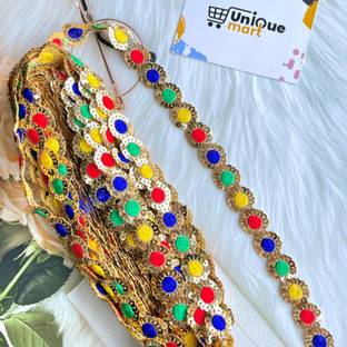 uniquemart Beautiful Multicolor Round Shiny Sitara Lace Border for Saree, Dupatta, Lehenga, Suit, Decoration & Frowk (Multicolor/9Mtr) Lace Reel