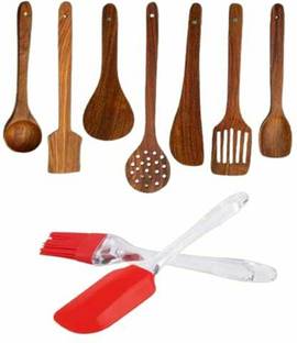 WOODINCLINE Set Of 7 With Silicon Oil Brush Combo Set1038 Wooden Serving Spoon Set