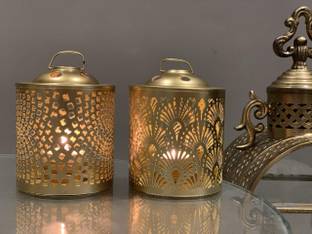Urban Born Lantern and Candle Tealight Holder for Home Decor Items Brass 2 - Cup Tealight Holder Set