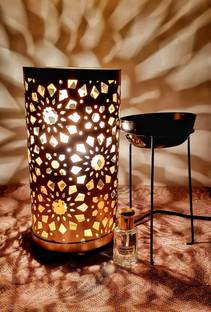 R K Handicrafts Moroccan Electric Lantern With Aroma Diffuser (With 10ml Aroma Oil) Gold Metal Table Lantern