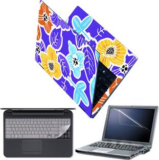 FineArts Laptop Skin Combo with Screen Guard and Key Guard - Blue Leaves Flower Abstract Combo Set