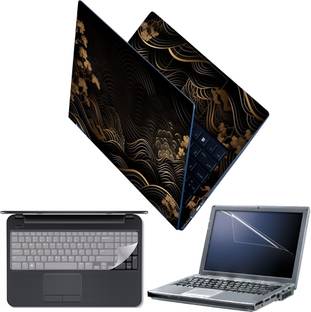 FineArts Laptop Skin Combo with Screen Guard and Key Guard - Golden Floral Waves on Black Combo Set