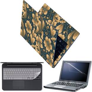 Techfit Full Body Laptop Skin with Screen Guard and Key Guard - Golden Flower Pattern Combo Set