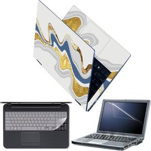 Techfit Full Body Laptop Skin with Screen Guard and Key Guard - Golden Waves on Grey Combo Set