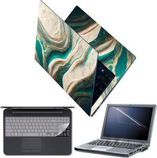 FineArts Full Body Laptop Skin with Screen Guard and Key Guard - White Green Stone Art Combo Set