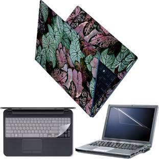 Techfit Full Body Laptop Skin with Screen Guard and Key Guard - Green Pink Big Leaves Combo Set