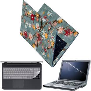 FineArts Full Body Laptop Skin with Screen Guard and Key Guard - Floral on Green Back Combo Set