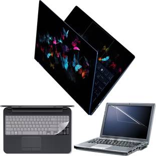 Techfit Full Body Laptop Skin with Screen Guard and Key Guard - Butterflies on Black Combo Set