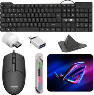 Henture 7 Keyboard Mouse with Usb Light, OTG, Mobile Stand and Cable protector Combo Set