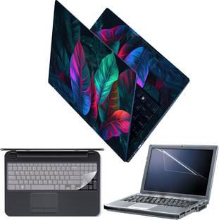 Techfit Full Body Laptop Skin with Screen Guard and Key Guard - Neon Leaves Combo Set