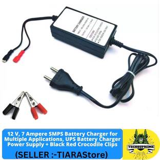 TechSupreme 12 Volt 7 Amp UPS Battery Charger Power Supply Adapter + Crocodile Clips 12 W Adapter