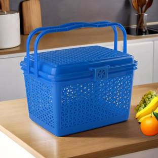 KUBER INDUSTRIES Plastic Plastic Multipurpose Trendy Shopping Small Basket with Lid (Blue) Storage Basket