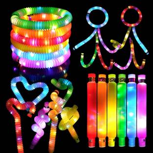 Hujai LED Light Pop Tubes Fidget Toys for Kids Pack Of 12 Pull & Stretch Pop Tube Toy