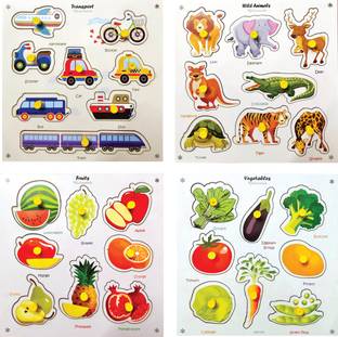 Khilonewale Set Of 4 Wooden Puzzles ~ Transports, Animals, Fruits, Vegetables