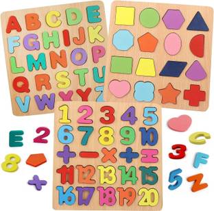 ZEQTOS Wooden 3D Capital Alphabets, Numbers, and Shapes Board Puzzle Toy for Kids
