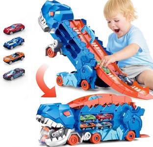 KIDOLOGY 2-in-1 Foldable Dinosaur Transport Truck with 4 Cars for Boys & Girls, Age 2+